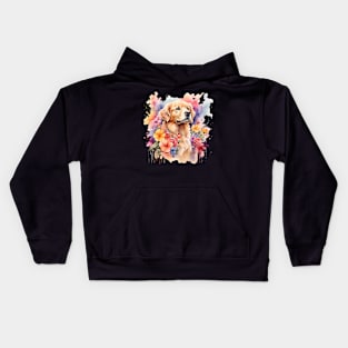 A golden retriever decorated with beautiful watercolor flowers Kids Hoodie